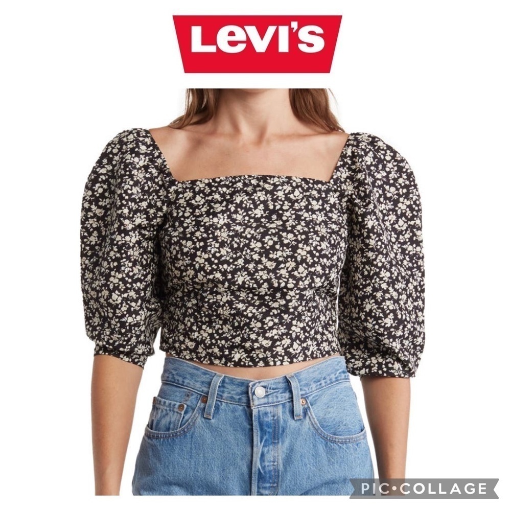 Levi’s Yvie square neck 3/4 sleeves cropped statement blouse size XS NWT